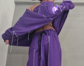 New collection Extravagant Purple Women Cotton Set, Harem Pants, Loose Set, Asymmetrical Set