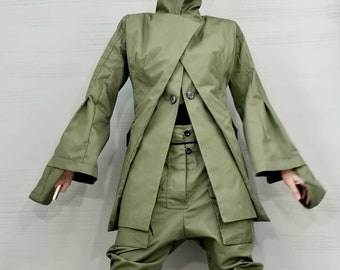 Avant-Garde Women&#39;s Suit – Asymmetric Blazer with Double Lapel and Wide-Leg Pants | Artistic Cotton Set | Handmade Statement Outfit