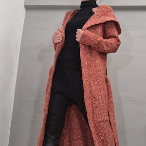 Vest met capuchon voor dames, oversized maxi wintervest, mantel met capuchon, kimonogebreid vest, oversized vest baksteenoranje
