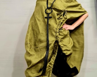 New collection Deconstructed Top, Military green Linen Asymmetric Shirts, Avant Garde Tunic, Loose Long Short Tunic, Linen Asymmetric Tunic