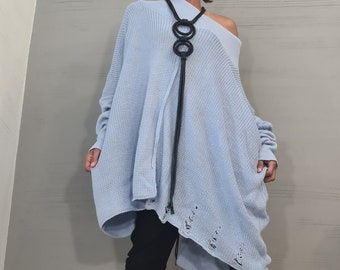 Baby Blue Asymmetrical Knitted Tunic, Avant Garde Long Sleeve Top