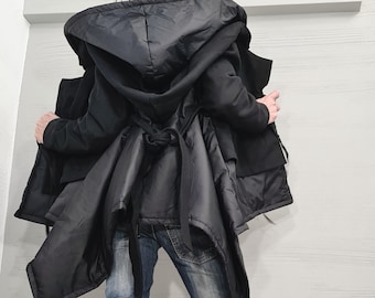 Asymmetric Black Winter Jacket, Two Hoods, Gothic Style