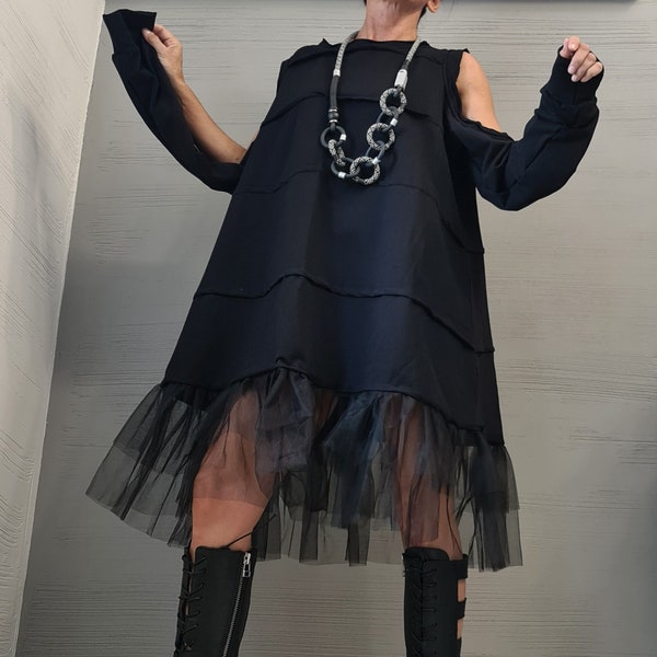 Robe tunique asymétrique en tulle, robe ample noire avant-gardiste, robe oversize déstructurée, avec et sans manche