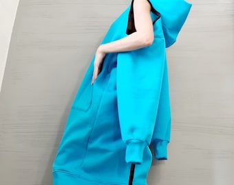 New Collection Blue Sweatshirt Dress, Extravagant Dress, LooseDress, Hooded Winter Dress, Long Dress with Hood, Sweatshirt Dress