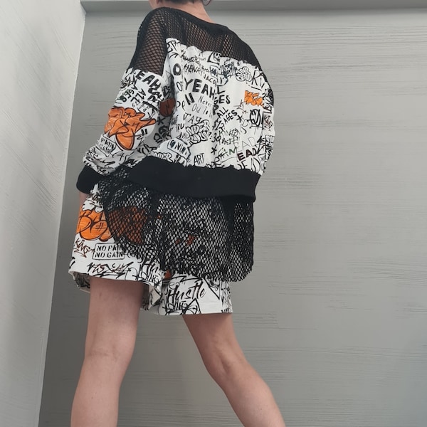 Extravagant Women Set, Graffiti print,  Loose Blouse with Shorts, Sexy Cotton Set,  Asymmetrical Top, Two Piece Set, Casual Outfit