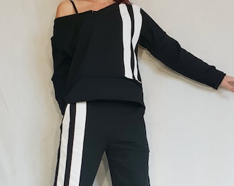 Casual Cotton Women Set, Black Women Set, Two Piece Modern Set, Extravagant Women Set, Black Sport Set, Loose Women Pants, Loose Blouse