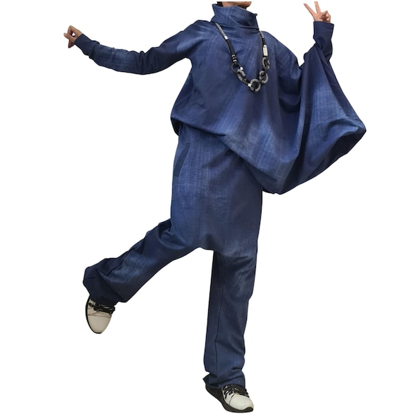 Plus Size Outfit Women, symmetric Sleeve Blouse, Harem Pants, Denim Look Cotton Fabric