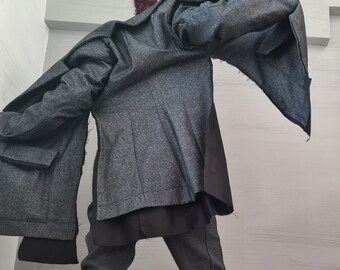 Asymmetric Jacket, Plus Size Gothic Coat, Oversize Deconstructed Blazer