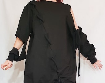 Extravagant Black Dress, Loose Tunic Dress, Plus Size Clothing, Blouson Dress, Asymmetric Dress, Long Sleeve Dress, Knee Length Dress