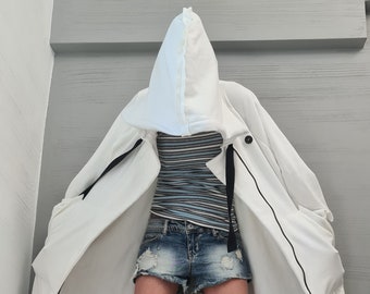 Asymmetrisch lang wit sweatshirt met capuchon voor dames | Extravagante katoenen oversized top | DDP VS