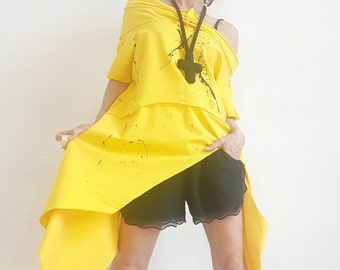 Yellow Asymmetric Tunic, One Shoulder Blouse, Extravagant Cotton Tunic, Tunic Separate Sleeves, Asymmetric Blouse