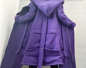 Lange, asymmetrische wollen jas, extravagante avant-gardejas met zakken en grote maten mode voor dames