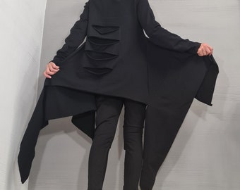 Avant Garde zwarte tuniek, gedeconstrueerde top, losse tuniek, asymmetrische blouse, oversized tuniek, lange mouw