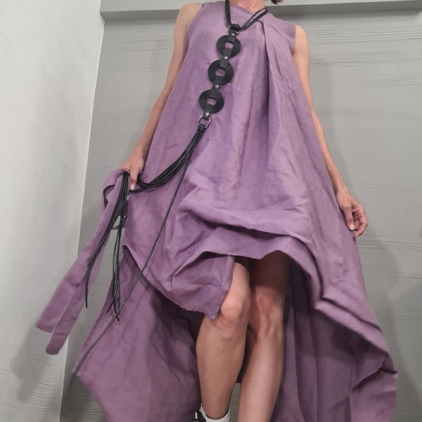 Robe violette en lin, robe asymétrique, vêtements grande taille, robe surdimensionnée, robe sans manches, robe minimaliste, robe grande taille
