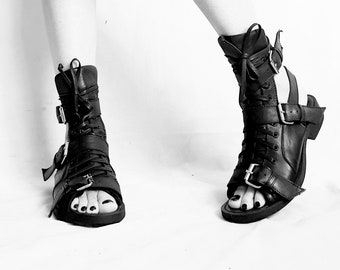 Gothic Gladiator Sandals, Black Leather Greek Style Shoes, Open Toe Summer Footwear