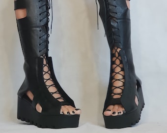 Leather Gladiator Sandals, High Platform Sandals, Steampunk Sandals, Women Platform Boots, Gothic Shoes, Leather Wedges, Strappy Sandals