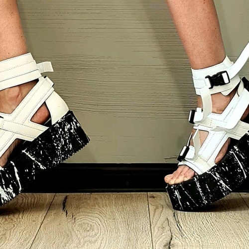 Extravagant Gladiator Platform, Genuine Leather White Sandals, High Rock Summer Sandals, High Heel Punk Platform,Gothic Sandals,Grunge