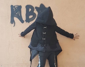 Schwarze Jacke für Frauen, Gothic Jacke, Steampunk Jacke, Plus Size Kleidung, Winterjacke, Kapuzenjacke, lose Jacke, Langarmjacke