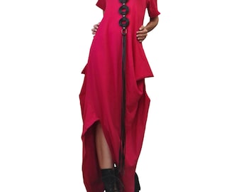 Red Asymmetric Cotton Maxi Dress, Oversized Kaftan, Avant Garde Loose Fit, Handmade Plus Size