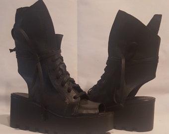 Sandales en cuir plate-forme, sandales d’été hautes, sandales de combat, sandales à bout ouvert, sandales en cuir véritable, bottes noires, sandales gothiques