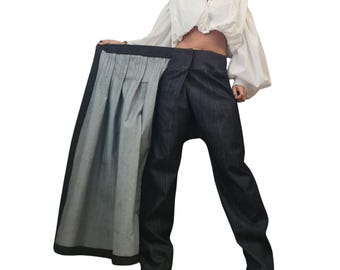 Dark Blue Denim Skirt Pants, High Waist Wide Leg Jeans, Pleated Avant Garde Trousers
