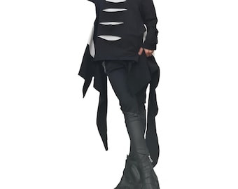 Oversize Cotton Tunic, Black and White Deconstructed Asymmetric Top
