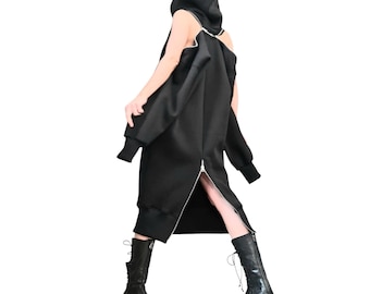 Black Hooded Sweatshirt Dress, Extravagant Plus Size Clothing