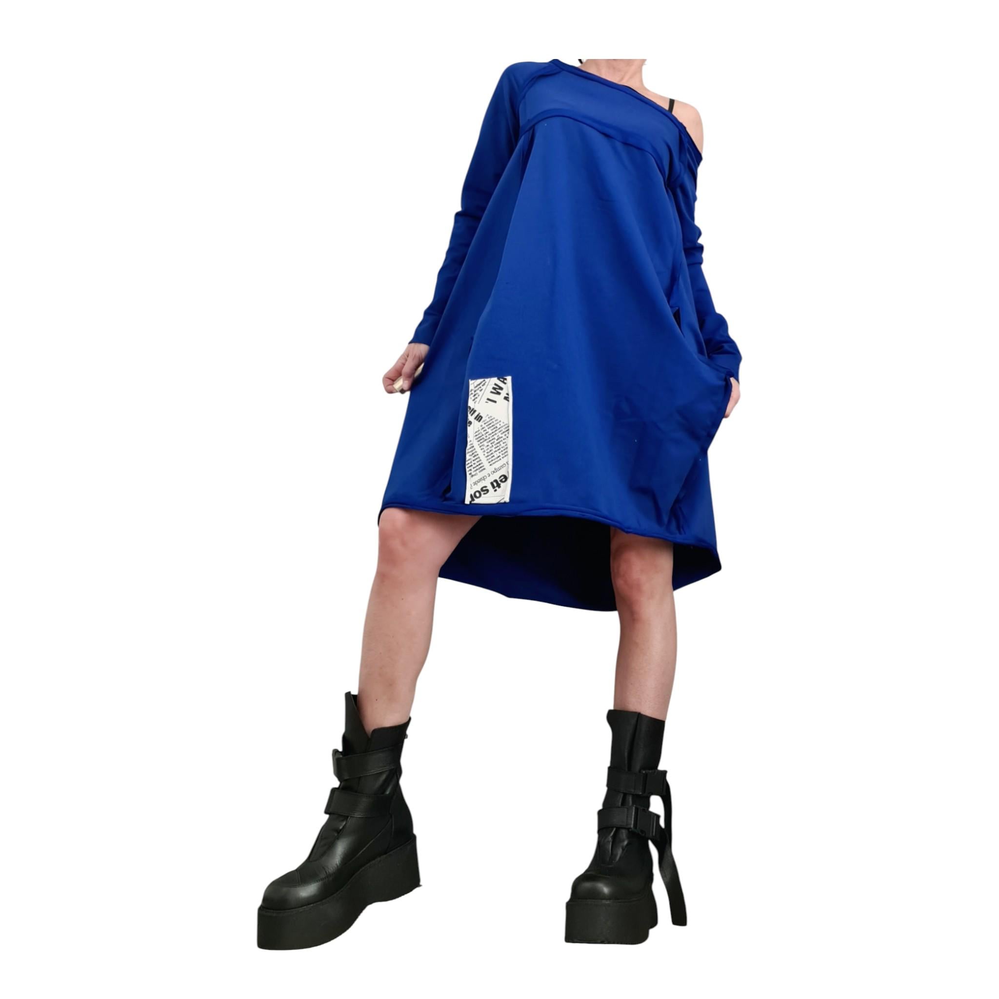 Royal Blue French Terry One Shoulder Dress, Asymmetric High Low Hem, Oversized Tunic Sweatshirt