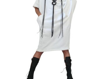 White Cotton Tunic Dress Knee Length | Asymmetric Blouson Cut | fashion for women | architectural