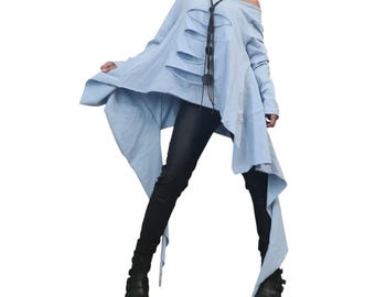 Avant Garde Light Blue Cotton Tunic, Deconstructed Asymmetric Top, Loose Oversize Blouse, Long Sleeve