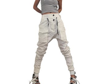 Pantalones harem de algodón blanco, pantalones cargo para mujer, bolsillos exteriores.