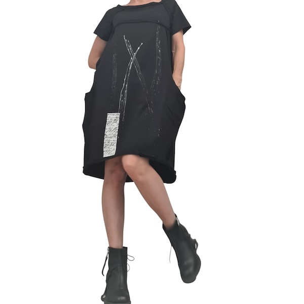 Black French Terry Short Sleeve Dress, One Shoulder Asymmetric Gothic Tunic Dress, Oversized Fit