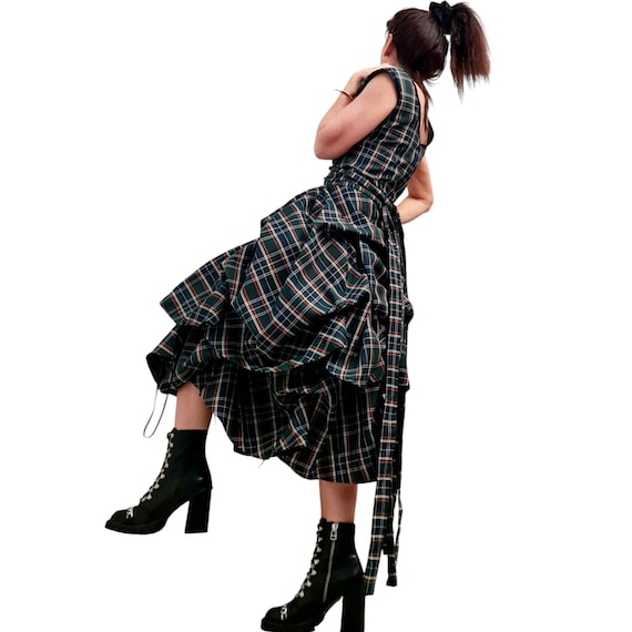 lace up tartan asymmetrical dress Asymmetric Sleeveless Knee Length Dress, Adjustable Skirt This dress features a