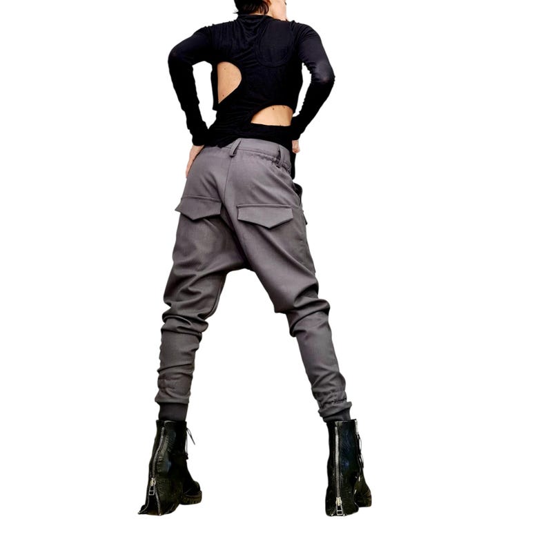 Avant-garde Drop Crotch Pants, Grey Tapered Leg Pants, Cargo Trousers ...