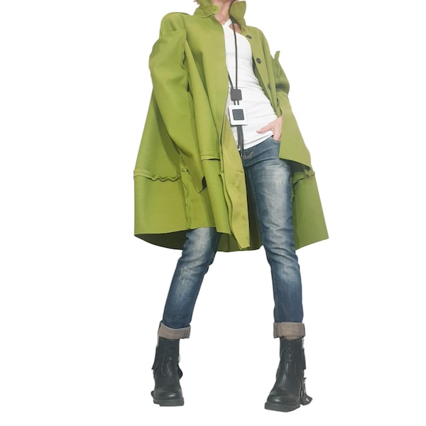 Avant Garde Deconstructed Wool Coat | Oversize Green Winter Plus Size Outerwear