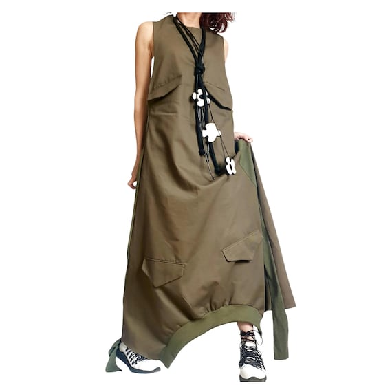 Military Green Long Dress | Cargo Pocket Accents | women's clothing | statement
