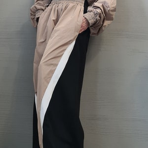 Asymmetrical Women's Set, Wide Leg Cotton Pants with Windproof Fabric Details, Windproof Hoodie image 3