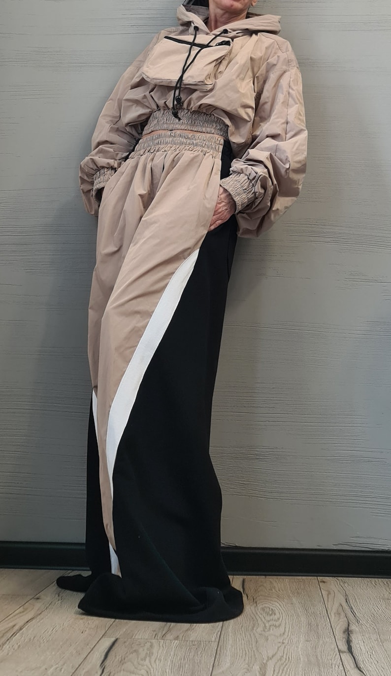 Asymmetrical Women's Set, Wide Leg Cotton Pants with Windproof Fabric Details, Windproof Hoodie image 3