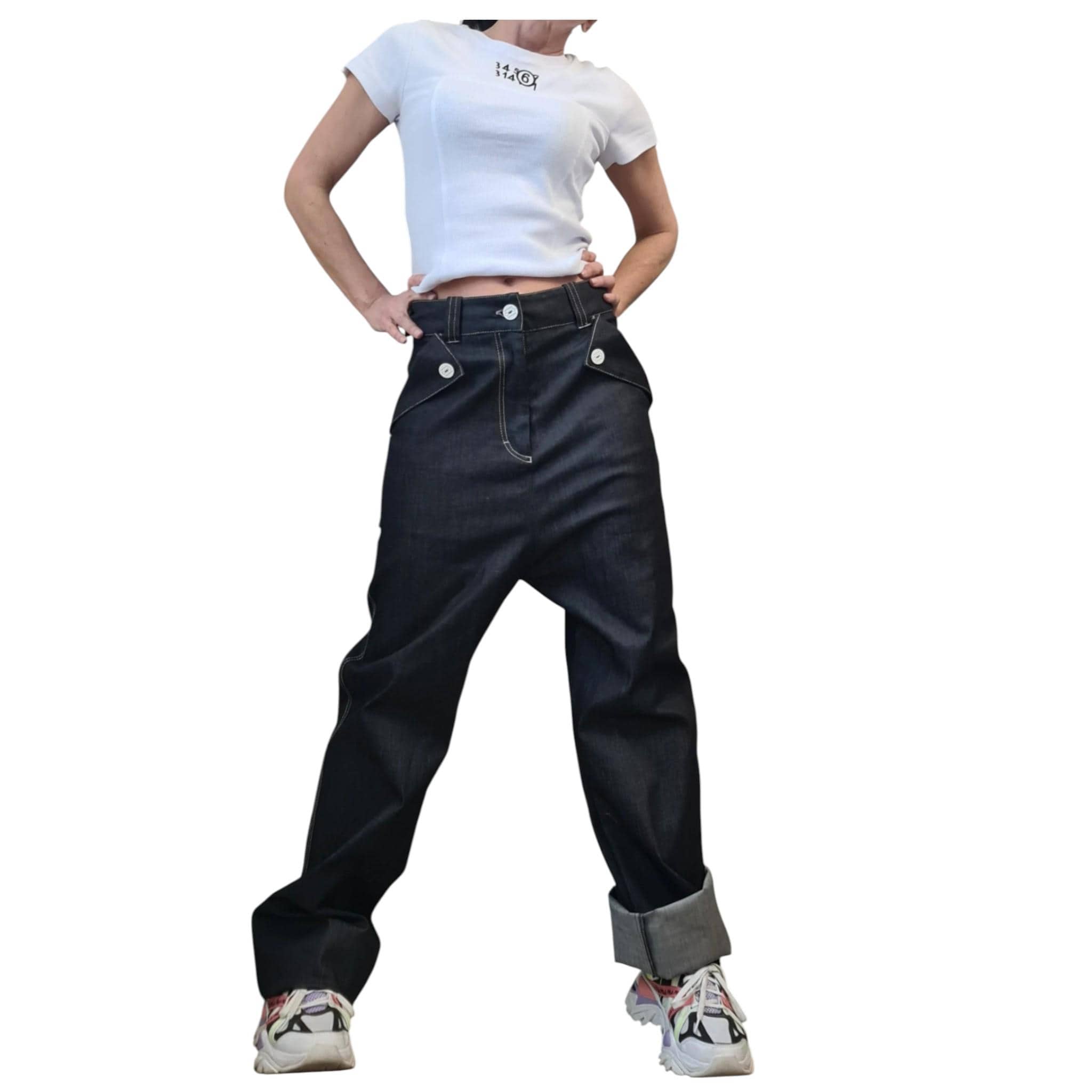 ダークブルーのハイウエストストレートレッグデニムパンツ