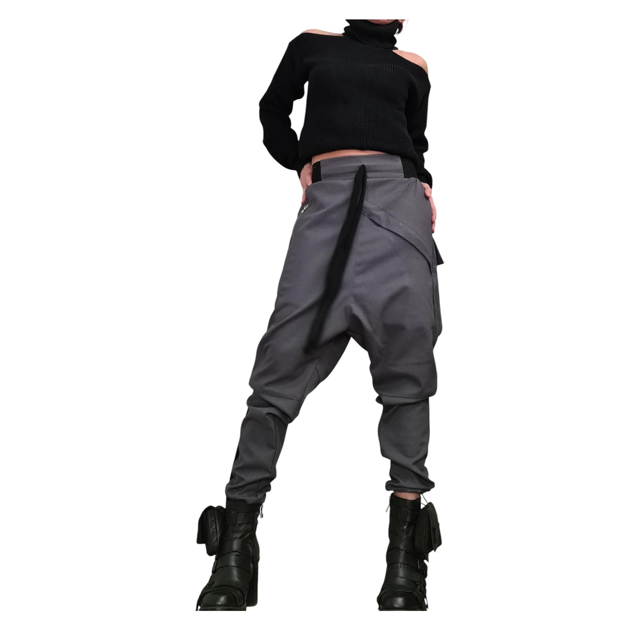 Grey Asymmetric Cargo Pants for Women With Drop Crotch and Pockets