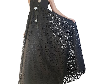 Avant-garde Black Gothic Maxi Skirt Dress, Neoprene Circle Skirt