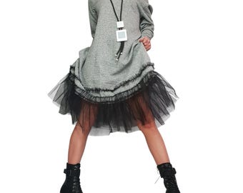 Asymmetrische Baumwolle Tunika Tüll Saum, Avantgarde Lockeres Kleid, Steampunk Oversize Top, lange Ärmel