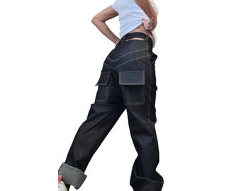 Dunkelblaue High-Waist Denim Hose mit geradem Bein, Avantgarde Streetwear Hose