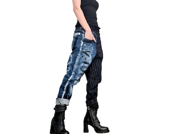 Asymmetric Patchwork Denim Pants, Mixed Fabric Trousers, Paint Splatter
