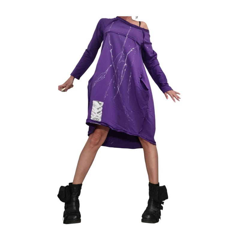 Dark Purple French Terry One Shoulder Dress for Women, Plus Size Tunic image 12