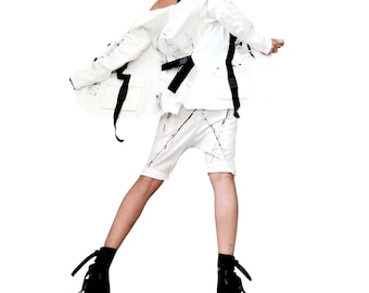 Asymmetrical White Denim Blazer, Avant Garde Blazer, Extravagant Jacket for Women