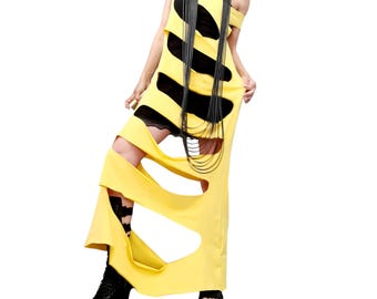 Yellow Asymmetric Tunic, Sleeveless Cutout Top, Long Avant Gothic Oversized Clothing
