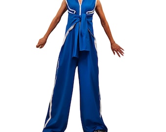 Asymmetric Blue Cotton Jumpsuit, Boho Wide Leg Overall, Extravagant Sleeveless Design