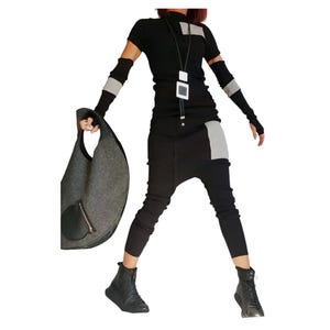 Black White Cotton Harem Pants, Asymmetrical Blouse, Detachable Sleeves with Thumb Holes, Co-Ord Set