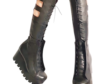 Leather Gladiator Platform Wedge Boots, Gothic Steampunk Shoes, Booties for Women